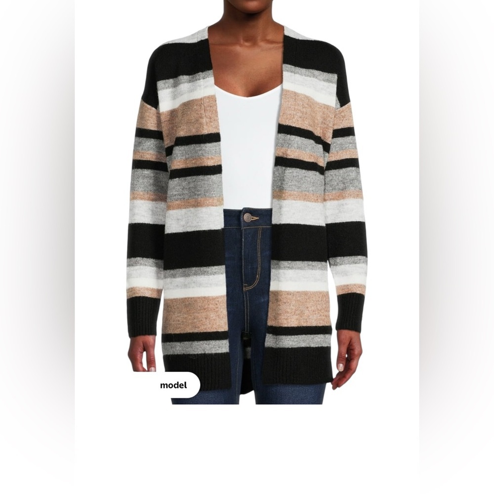 Time and Tru Women's Black, Tan, and Grey Striped Cardigan. Sz.M